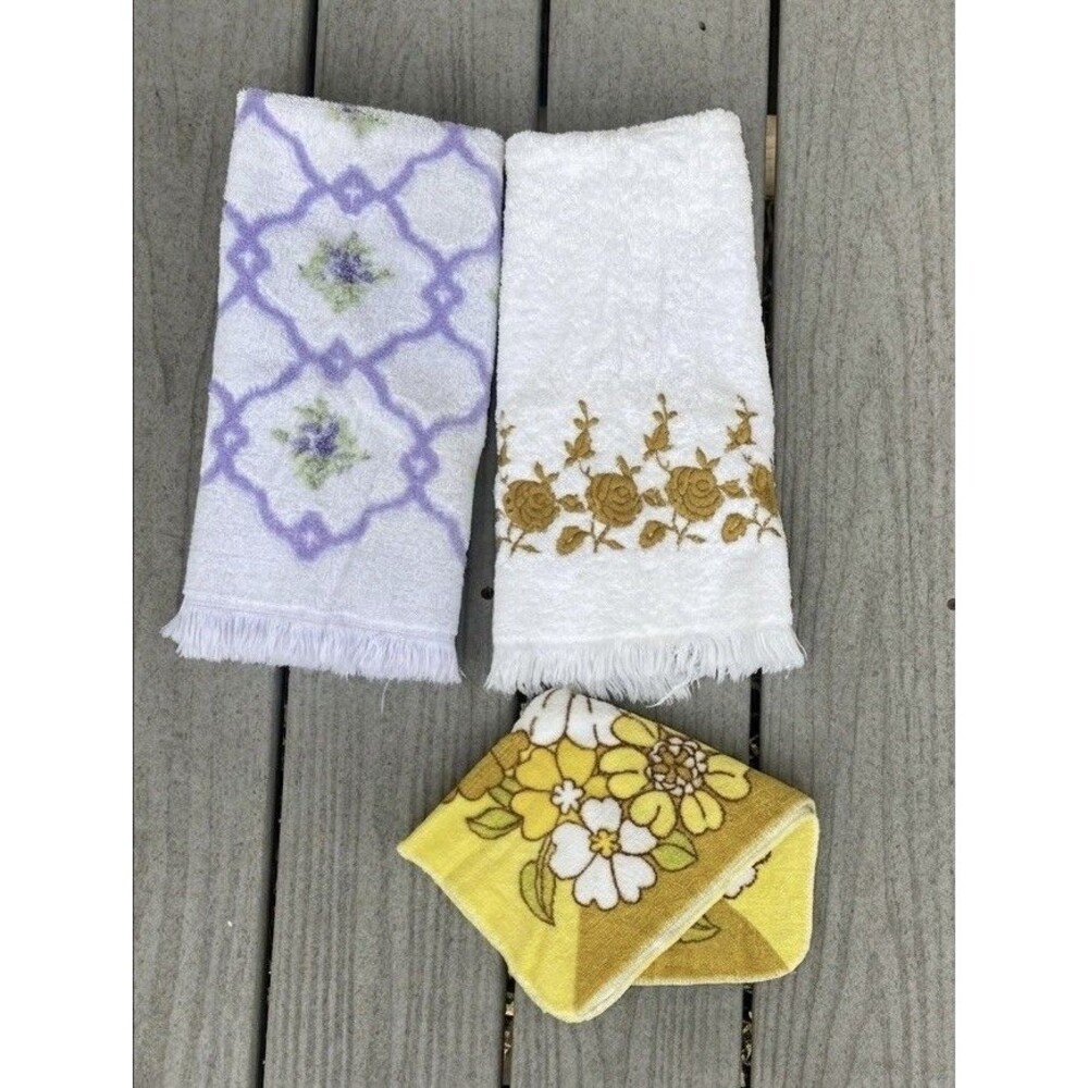 VTG 70s Floral Bath Towel Set Cannon Fieldcrest Dundee  USA Cotton Fringe MCM